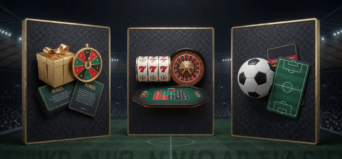 Drei Bereiche mit Bonusmechanik, Casino-Spielen und Fu&szlig;ball-Wettcoupon im Zoccer Casino Deutschland