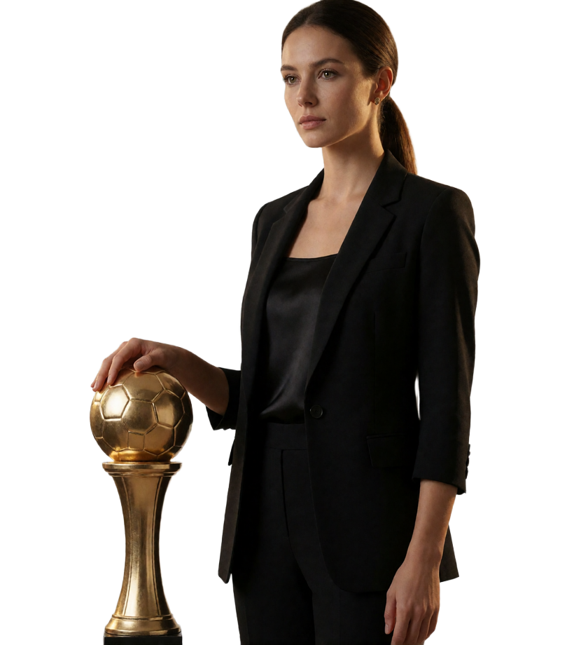 Elegante Frau in Schwarz an einer goldenen Fu&szlig;ball-Troph&auml;e als Motiv f&uuml;r den Zoccer Casino Bonus und Freispiele