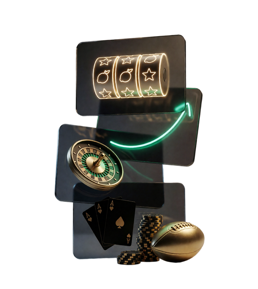 Schwebende Panels mit Slot-Walzen, Crash-Kurve, Roulettekessel und Karten zeigen die Kategorien im Zoccer Online Casino
