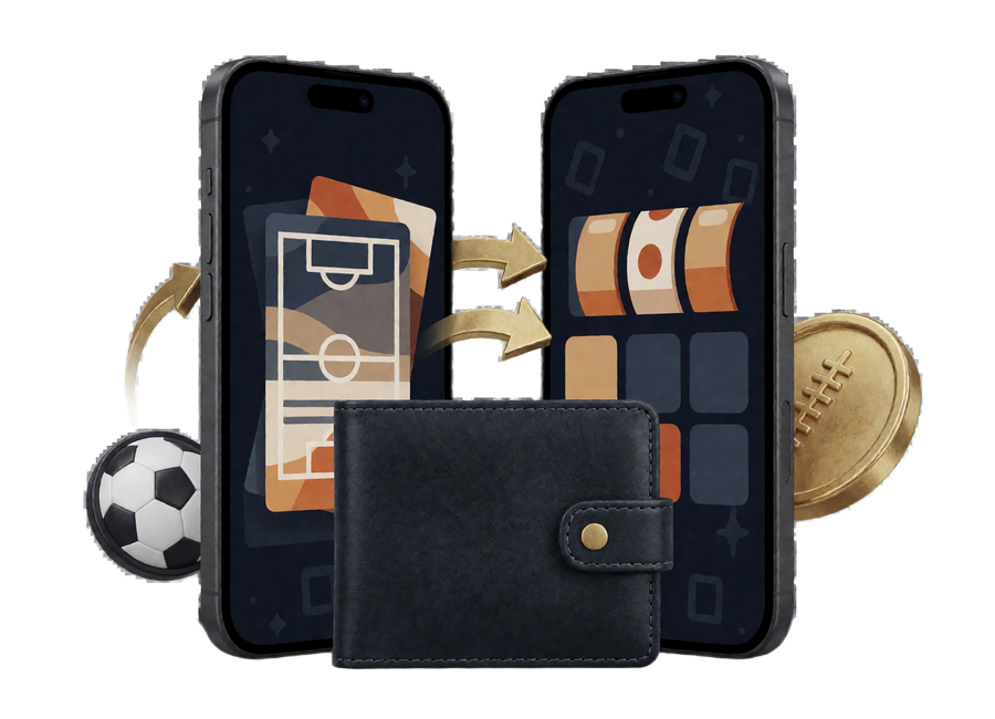 Smartphones, Wallet und Fu&szlig;ball zeigen den Wechsel zwischen Sportwetten und Zoccer Casino Echtgeld-Spielen