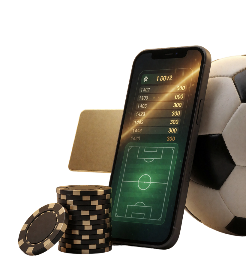 Wettcoupon auf dem Smartphone neben Fu&szlig;ball und Casinochips als Symbol f&uuml;r Fu&szlig;ball wetten online bei Zoccer